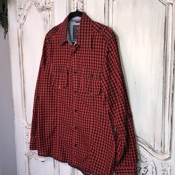 Men’s Sovereign CODE  Black and Red Gingham Top Stitching Detailing Button Down - Picture 3 of 13